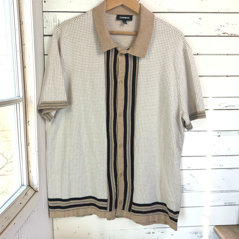 Knit Polo Shirt Express XL Tan White 100% Cotton Striped Cabana Button 70s Retro